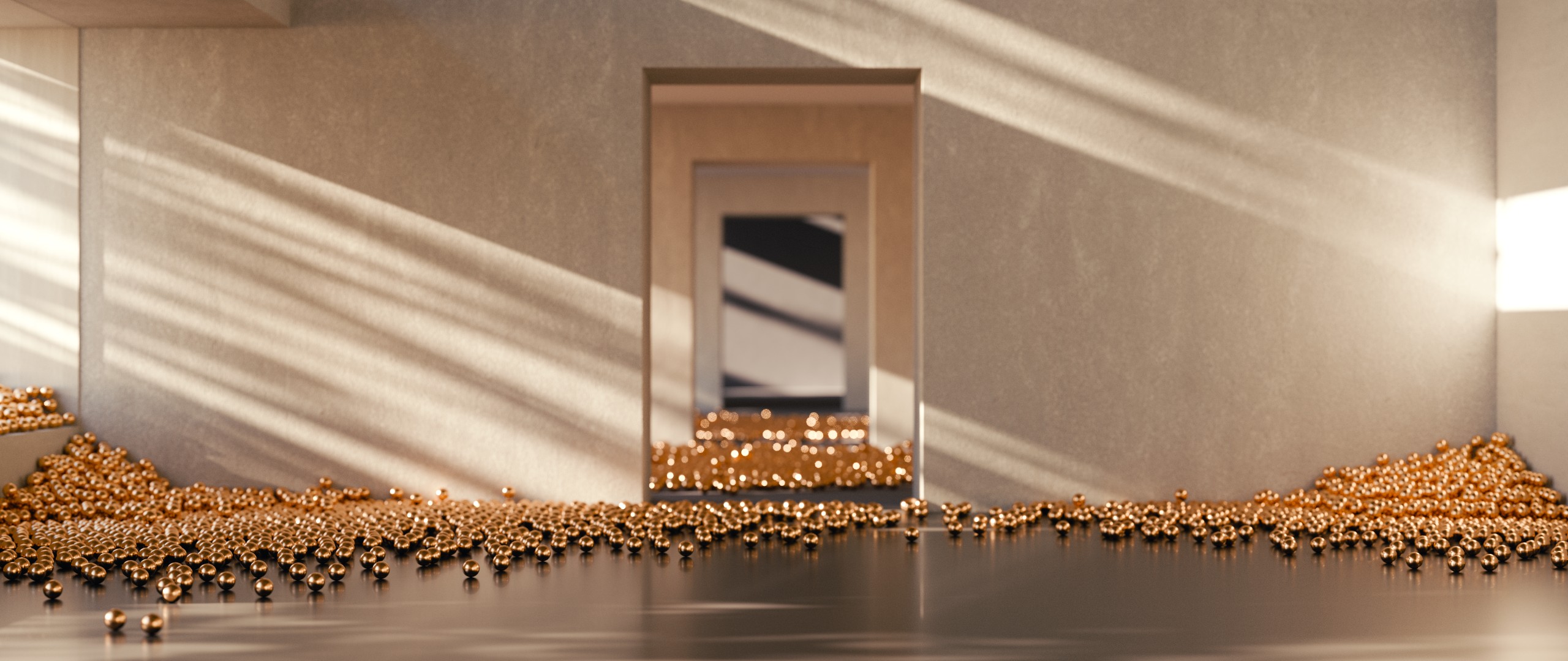 一张地上洒满金色球体的走廊的照片